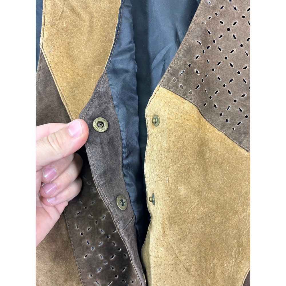 Western Boho Vintage Unbranded Women M/L Brown Patchwork Suede Leather Vest Snap - Picture 4 of 8